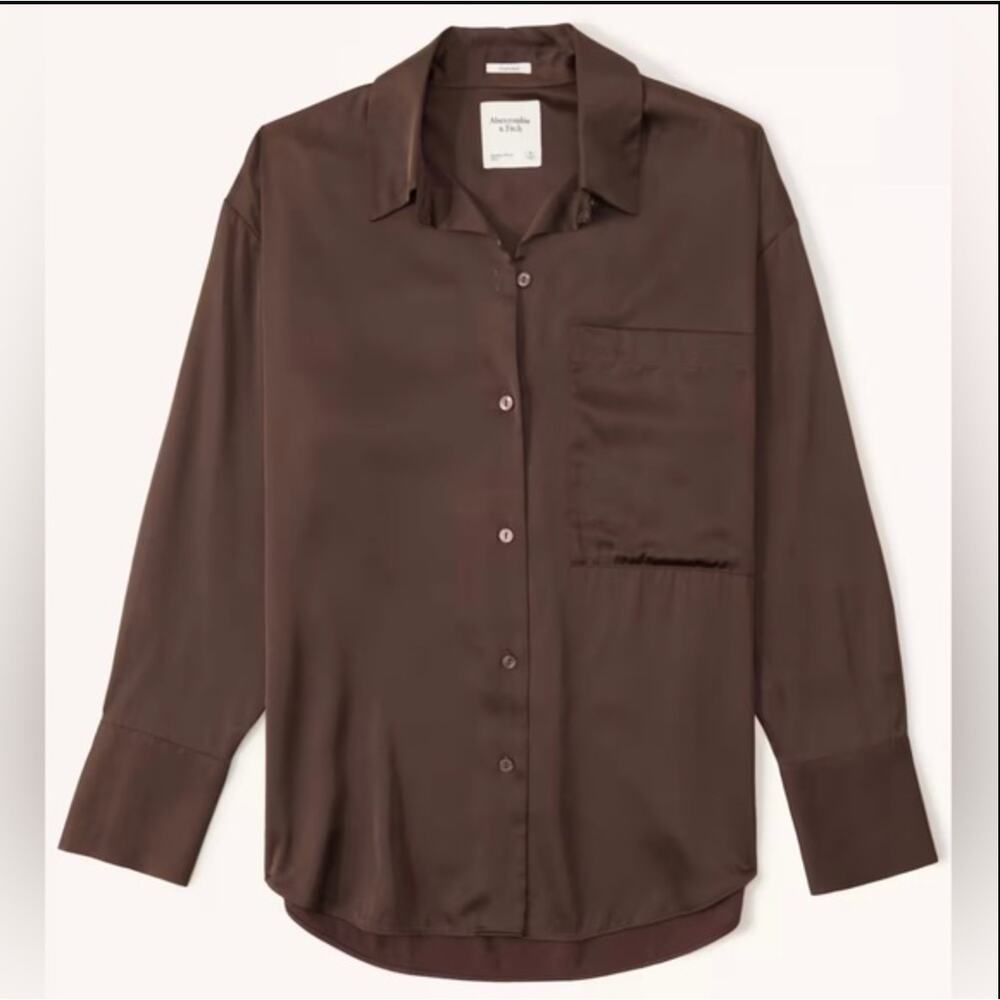 Abercrombie & Fitch Oversized Satin Button-Up Shirt – Brown – Size XL